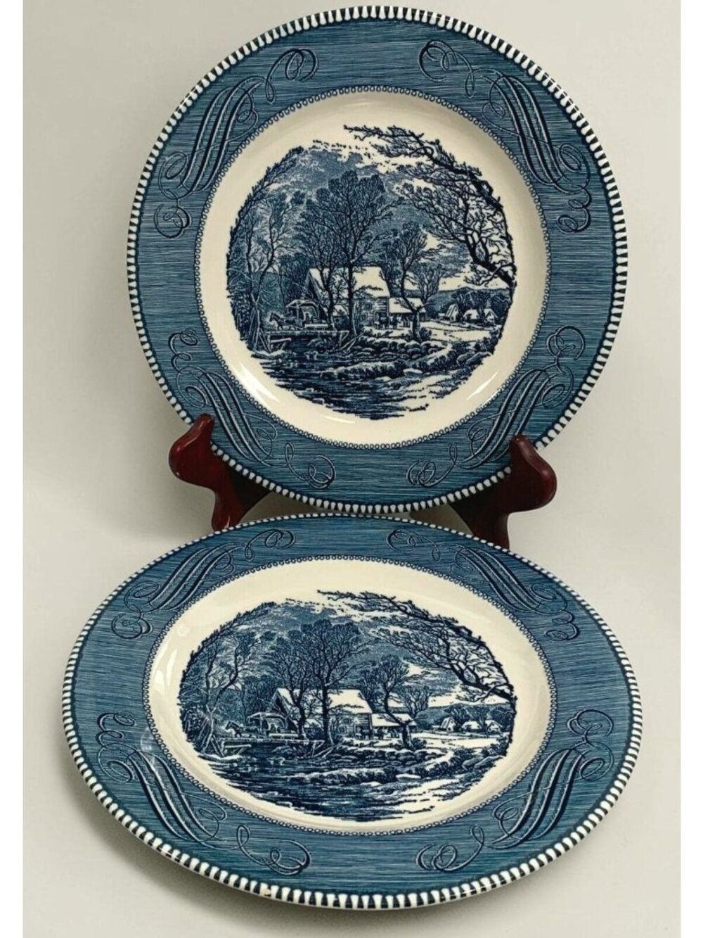 Royal Currier & Ives Dinner Plate Set Old Grist Mill Blue White 10" Made In USA
